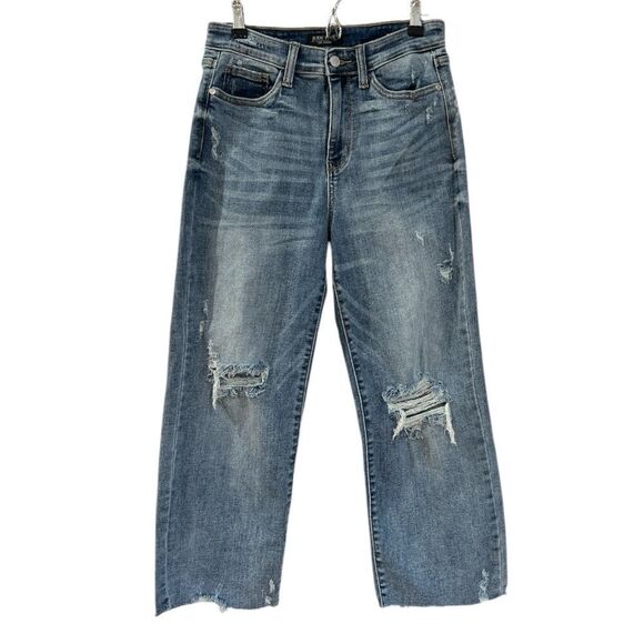 Judy Blue Medium Wash Distressed Wide Leg Crop Size 5/27 - Picture 2 of 8